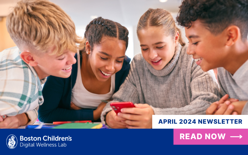 April 2024 Newsletter cover image - Four smiling kids looking at a phone