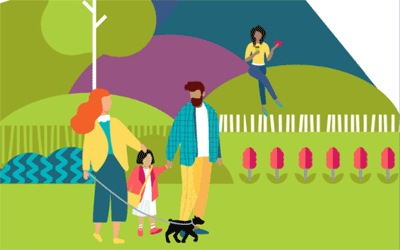 simple artwork of a family walking their dog in nature
