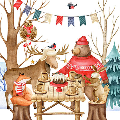 illustration of animals enjoying winter festivities